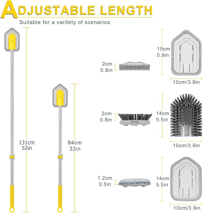 Lalafancy Baseboard Cleaner Tool with Long Handle 3 Reusable Cleaning Brush Pads, 52‘’ Shower Wall Cleaner Scrubber Baseboard Duster for Bathroom Wall Floor Skirting Bathtub Window Scrubbing
