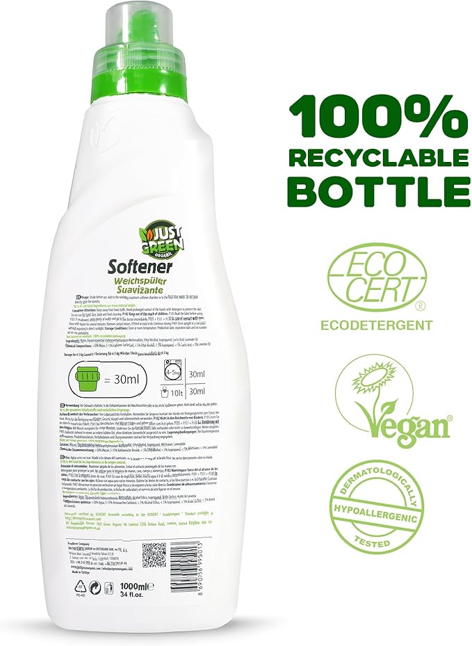 Fabric Softener, Plant-Based Liquid Fabric Softener, Non-Toxic, Hypoallergenic, EcoCert Certified, Vegan, Natural Lavender Scent, Static Control, 32 Washes, 34 fl oz (1000 ml)