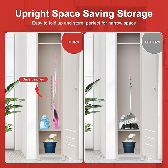 Broom with Dustpan Combo Set, 51'' Broom and Dustpan Set, Brooms and Dust Pan with Handle, Brooms with Standing Dustpans, House Broom for Pets Hair and Floor Cleaning - Pink