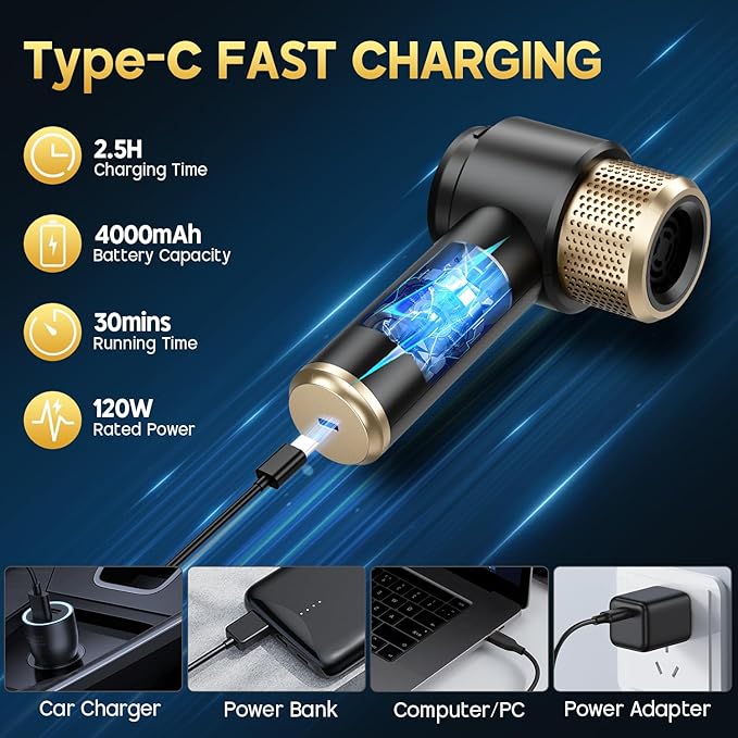 JONYJ Handheld Car Vacuum Cleaner, 16000PA Hand Held Vacuum Portable Cordless, 2 in 1 Air Duster and Vacuum Cleaner with LED Light, Multi-Nozzles, 120W High Power Mini Vacuum for Home, Pet, Office