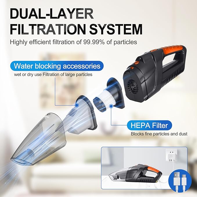 Handheld Vacuum Cordless,Powerful Suction 30Mins Long Runtime, Dust Busters Cordless Rechargeable with Two Washable Filters,Wet and Dry Hand Held Vacuum Cordless for Home, Car or Office