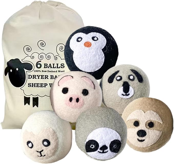 6 PCS Animal Wool Dryer Balls - Reusable Fabric Softener Dispenser Balls, Natural Downy Felt Drying Balls for Laundry (Cute Animal Shapes)