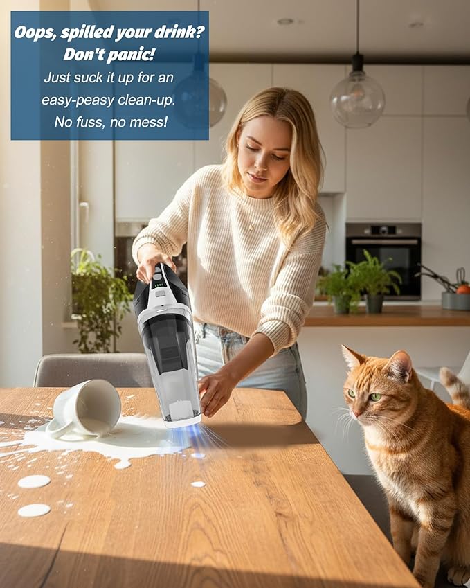 Handheld Vacuum Cordless, Car Vacuum Cleaner with Powerful Suction, 2 Modes Mini Hand Vacuum, Dry & Wet, LED Light, Portable Vacuum for Car Pet Hair, Home, Office, Keyboards White Sliver