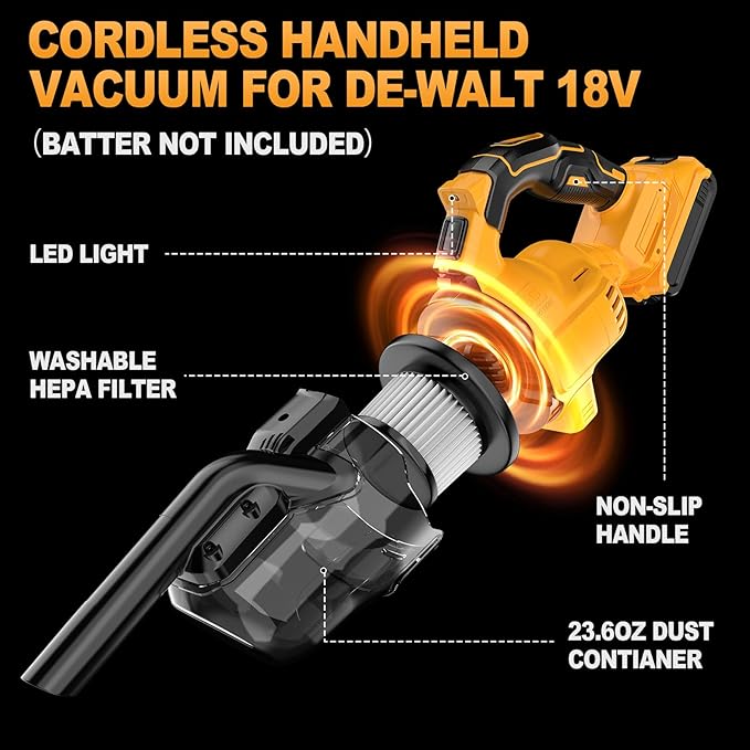 Cordless Vacuum for Dewalt 20V Battery, Portable Handheld Vacuum Cleaner with 2 HEPA Filter, 4 Multi Nozzle, Power Shop Vacuum for Home, Car, Floor, Carpet (Battery Not Included)