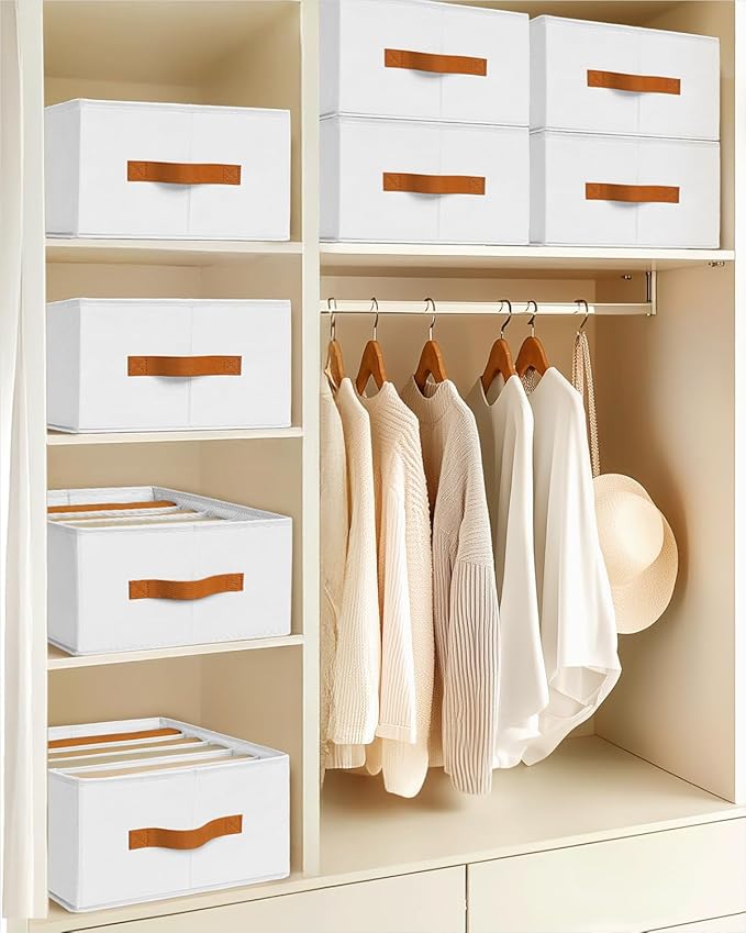 Homsorout Clothes Organizers and Storage - 4/5/7 Grids Fabric Jeans Organizer with Handles, Foldable Closet Organizers Dividers, Wardrobe organizer for Pant, Sweater, T-shirt, Scarf, 3 Pack, White