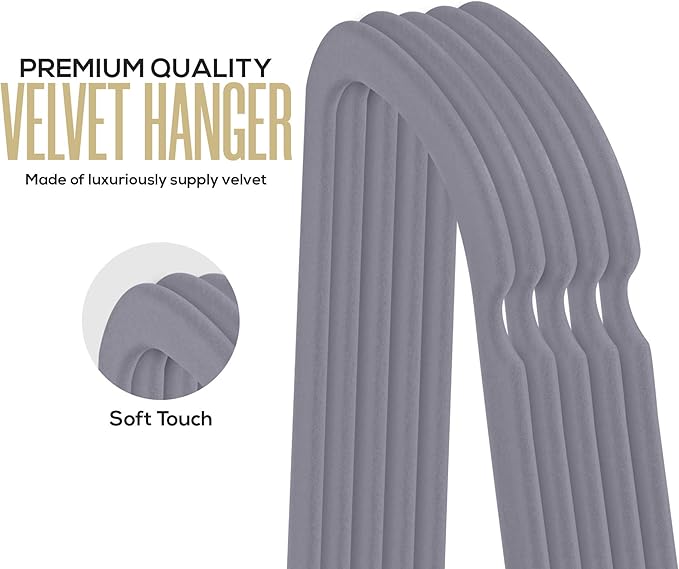 Utopia Home Premium Velvet Hangers 50 Pack - Non-Slip Clothes Hangers with Tie Bar - Grey Hangers - Standard Hangers with 360 Degree Rotatable Hook - Heavy Duty Coat Hangers