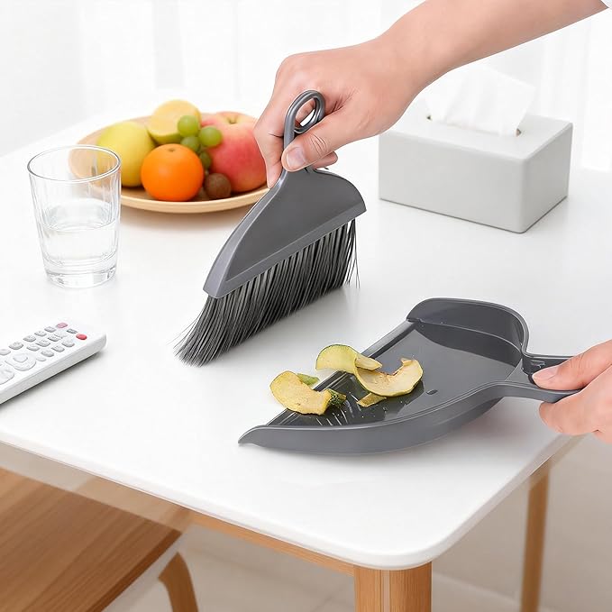 THINKLEARN 2PCS Small Dust Pan and Brush Set, Mini Broom and Dustpan Set, Compact and Hand Broom Combo Set for Cleaning, Dark Gray