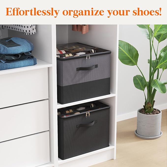 Lifewit 4 Pack Shoe Storage Organizer for Closet, Large Shoe Box Storage Containers with Clear Cover, Foldable Storage Bins Fit for Boots Fits 48-64 Pairs (Each 12-16 Pairs) Gray and Black