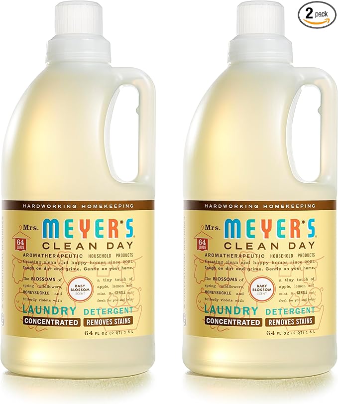 MRS. MEYER'S CLEAN DAY Baby Laundry Detergent Liquid, Infused with Essential Oils, Baby Blossom, 64oz - Pack of 2 (128 Loads)