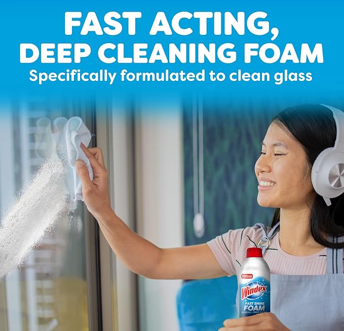 Windex Fast Shine Foam Glass Cleaner, No-Drip Windows, Doors, Mirrors & Countertops Aerosol Cleaning Spray, Streak-Free Shine, Removes Fingerprints, Dust, Dirt, Grime & More 19 oz (Pack of 6)