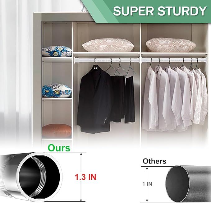 Closet Rod - 17-100 Inches, 1.3 Inch Diameter Heavy Duty Closet Rods Extender Hanging - Metal Matte White Adjustable Clothes Hanging Bar, for Closet, Bathroom, Windows