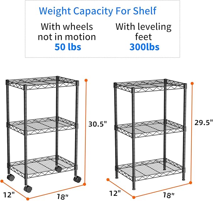 Golpart Small 3 Tier Shelves Storage Wire Shelving Unit Metal Shelf Adjustable Organizers Storage Shelving with Wheels for Bathroom Laundry Room Kitchen Pantry12”D x 18”W x 30.7”H Black