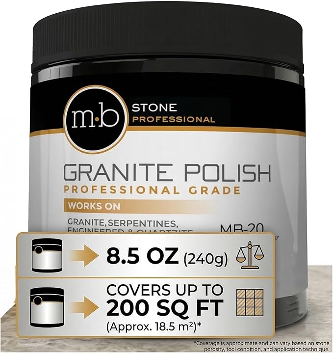 MB-20 Granite Polishing Kit Professional Grade Stone Restoration Bundle Includes 8.5oz Polishing Cream, 2x Hogs Hair Pads, Backing Plate with Drill Adapter & 2x Microfiber Towels