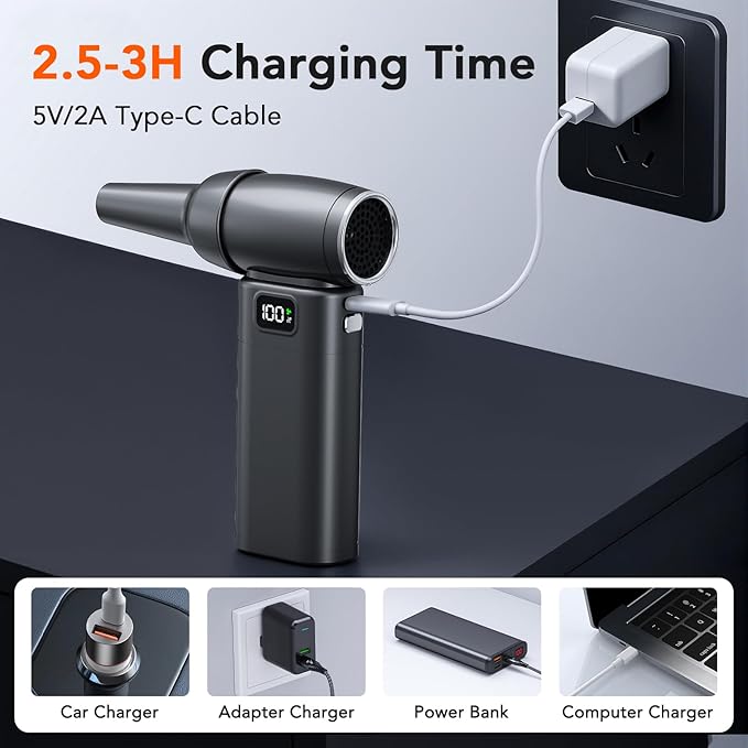 Compressed Air Duster, Electric Air Duster with 6-Gear Adjustable Speed & 6000mAh Battery, LED Light for Effortless Cleaning of Computer, Keyboard, Camera, Car, Home Office (Up to 80,000 RPM)