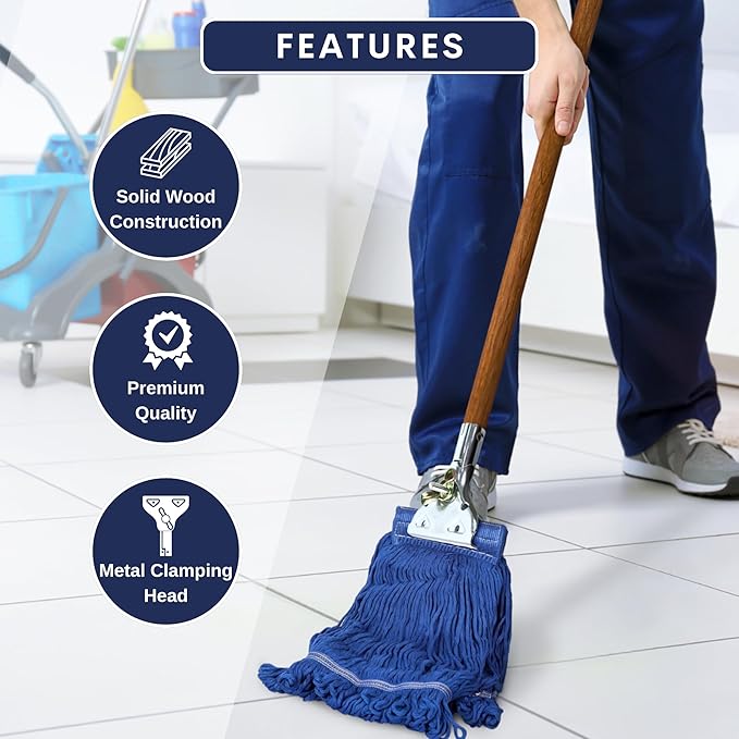 59" Mop Claw Clamp Commercial Mop Handle Pack of 2 Industrial Mop Steelhead with Wooden Handle Wet Mops for Floor Cleaning Heavy Duty (Mops not Included)