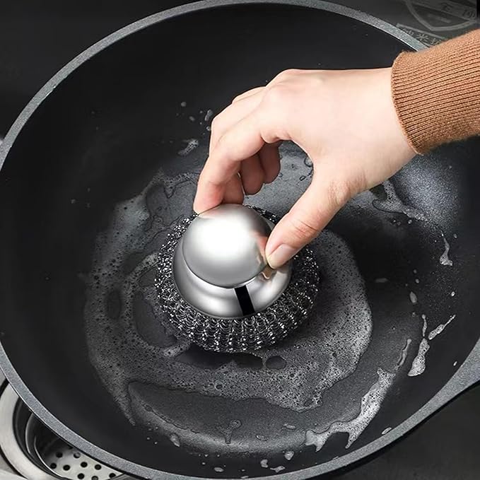 Onewly 2Pack Steel Wool Dish Scrubber, Stainless Steel Dish Brush with Ergonomic Stainless Steel Handle, for Cleaning Dishes, Cast Iron, Stock Pots, Pans, Griddles, Grills