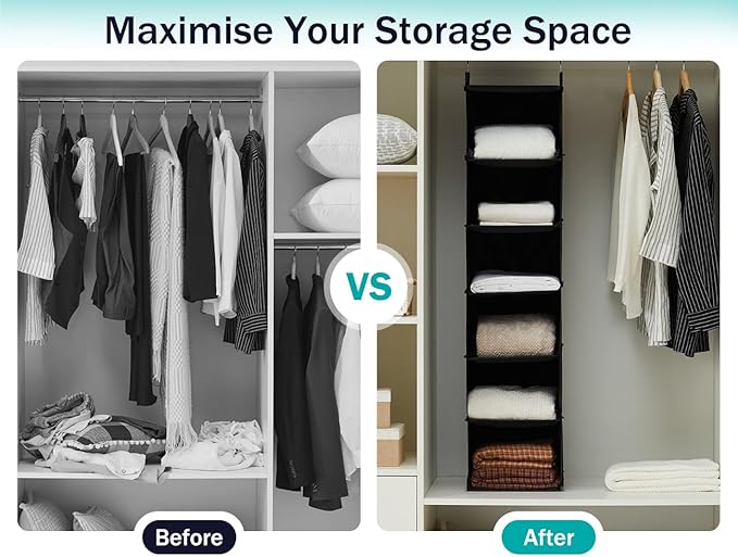 YOUDENOVA Hanging Closet Organizer, 6-Shelf Closet Hanging Storage Shelves, Black