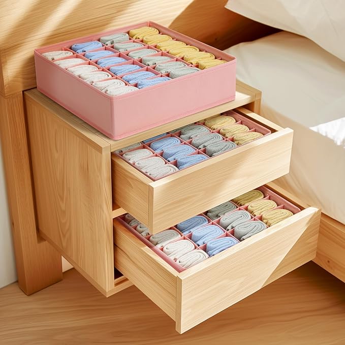 Sock Organizer 4 Pack - 24 Cell Foldable Underwear & Sock Storage, Drawer Organizer for Ties, Belts. (Pink)
