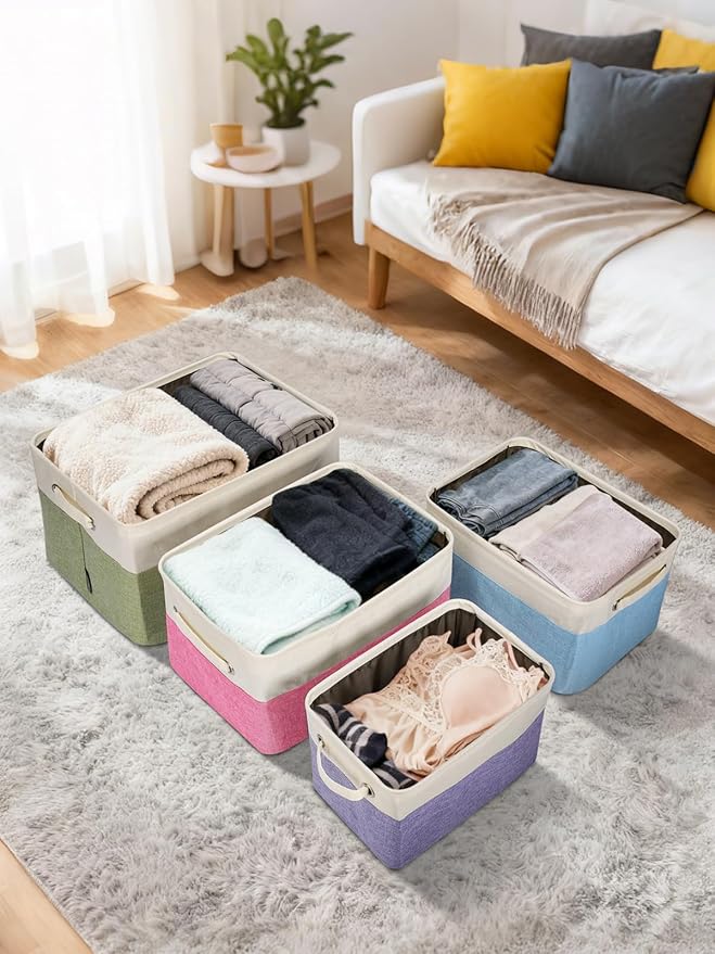 BALEINE 2 Pack Fabric Storage Bins for Shelves, Linen Storage Baskets for Organizing, Decorative Closet Bins for Clothes, Home (Skyblue, 14''x10''x8.5'')