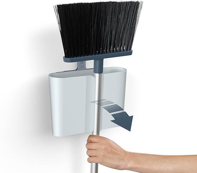Joseph Joseph CleanStore Wall-Mounted Adjustable Long Handle Broom Sweeper with Dust-Shield Storage, Indoor Sweeping Floor Brush with Soft Bristles and Comb