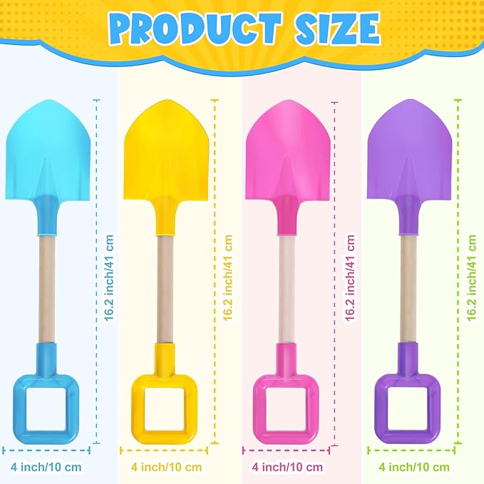 Honoson 4 Pack 16 Long Beach Spades Sand Shovels Toys Gardening Tools Sets Sandbox Sturdy Scoop Durable Wood Handle ABS Plastic Spade for Garden Sand Snow Backyard Summer Favors (Lovely Color)