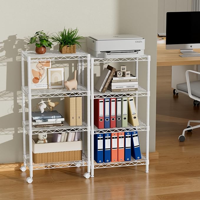 Golpart Small 4 Tier Shelves Storage Wire Shelving Unit Metal Shelf Adjustable Organizers Storage Shelving with Wheels for Bathroom Laundry Room Kitchen Pantry12”D x 18”W x 44.8”H White