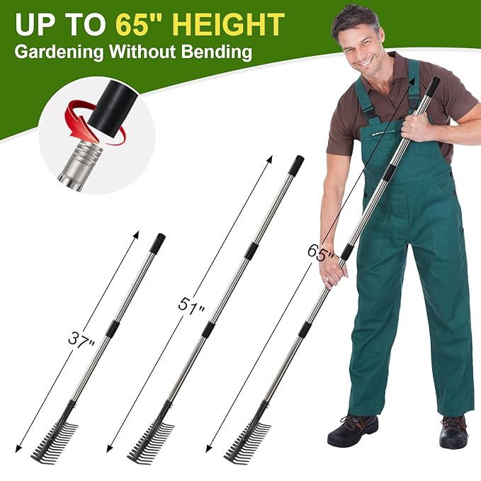 Bow Rake, 65" Heavy Duty Garden Rake with Wide 17 Tines Head & Stainless Steel Handle, Adjustable Rakes for Lawns Yard Loosening Soil Thatching Gathering Leaves Gravel