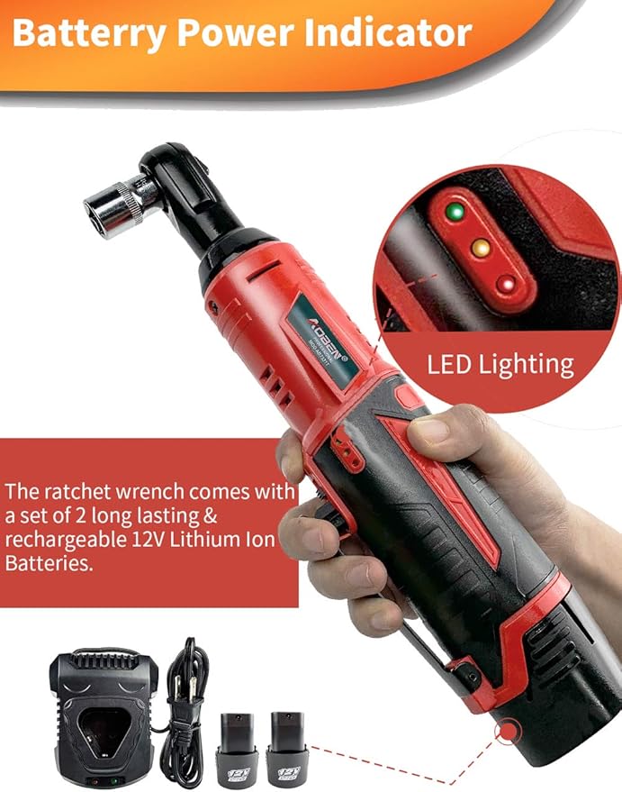 AOBEN Cordless Electric Ratchet Wrench Set, 3/8" 12V Power Ratchet Tool Kit With 2 Packs 2000mAh Lithium-Ion Battery And Charger