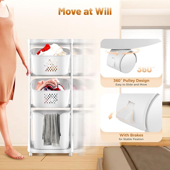 Household Storage Basket, 360° Rolling Movable Laundry Basket,Floor-Standing White Multi-layer Clothes Organizer for Kitchen,living Room and Bathroom (3 Tiers)