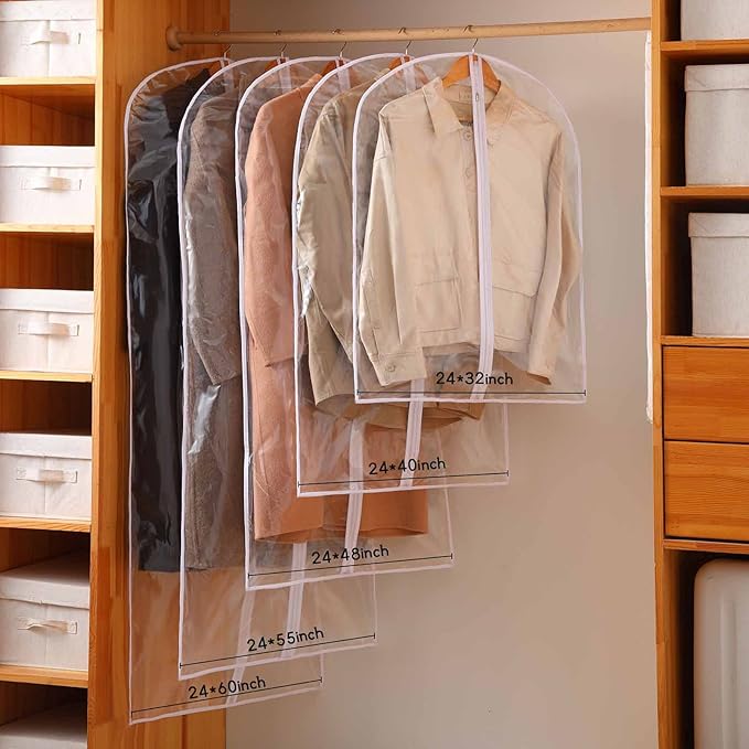 Garment Bags for Hanging Clothes, 6 PCs All Clear Garment Bag, Plastic Dustproof Suit Bag, Coat Protector Zippered Garment Covers for Closet Storage and Travel - 24'' x 40''/6 Pack