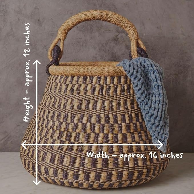 Home & Kitchen Decor, Wicker Basket, Picnic Basket, Living Room Basket, Organizing, Harvesting, Foraging, Fruit Storage, Hand Woven, Pot Shape, 16" Wide, Boho - Natural Navy