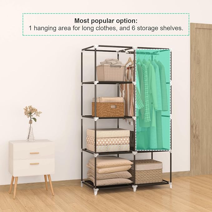MOGELAFOO 35 Inch Portable Closet for Small Room, Clothing Organizer Storage Rack with Non-Woven Fabric Cover, 1 Clothes Hanging Rod, 6 Storage Shelves, Black