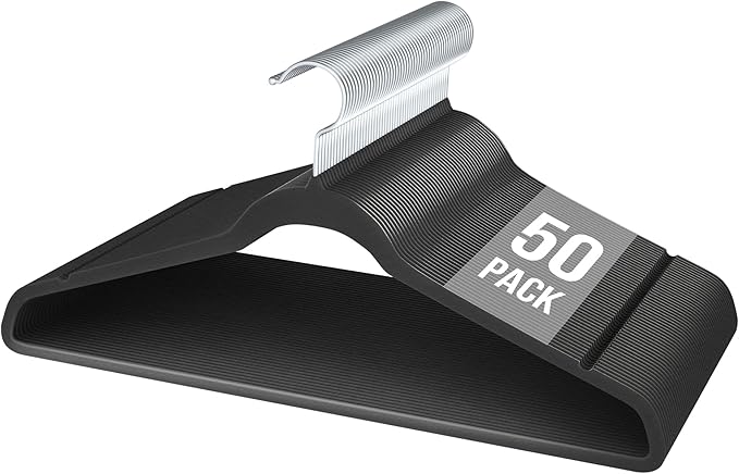 Velvet Hangers 50 Pack, Slim Non-Slip Clothes Hangers Space-Saving for Closet, Heavy Duty for Pants, Coats, Skirts, Jeans, Sweaters and More, Nylon-Flocked, Black
