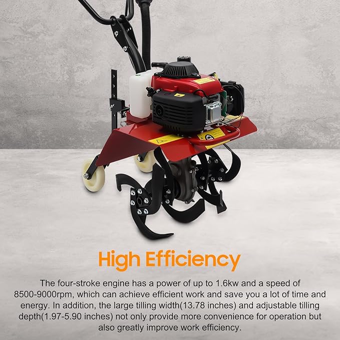 4-Stroke 63CC Gas Powered Tiller Cultivator Garden Yard Rototiller Tilling Tool Gas Tiller- Ideal for Garden, Lawn, Soil Cultivation, Weed & Digging