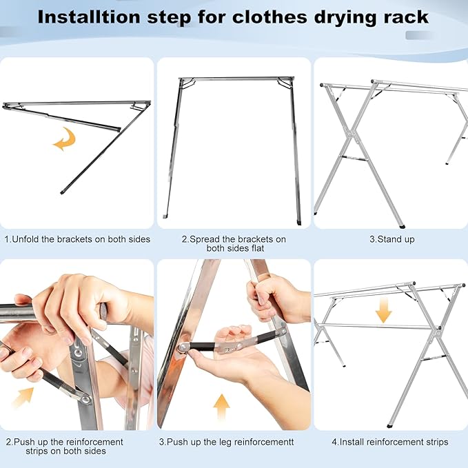Sarahipe Sillars Clothes Drying Rack, 63 inches Laundry Drying Rack Clothing Foldable & Collapsible Stainless Steel Heavy Duty Clothing Drying Rack with Windproof Hooks for Indoor Outdoor