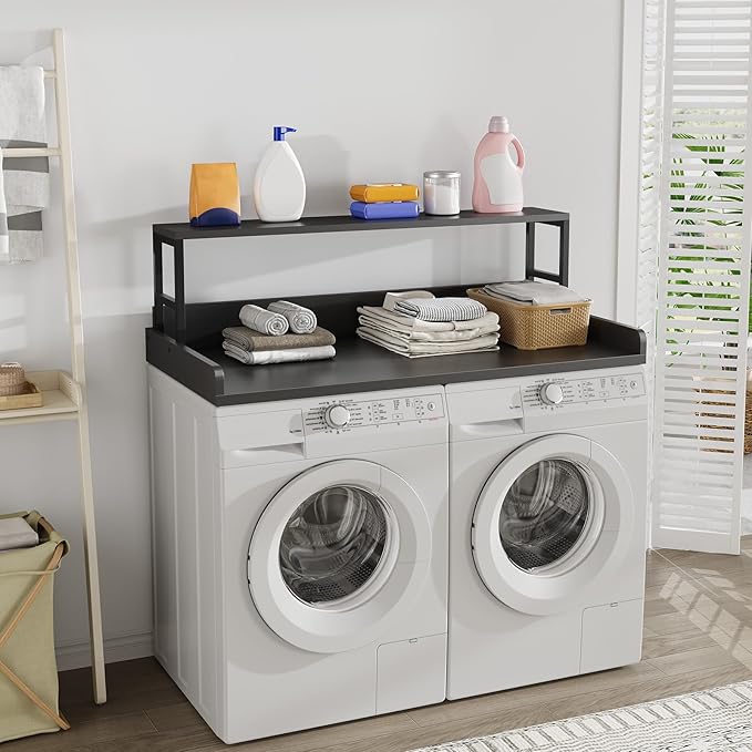Washer Dryer Countertop with Shelf, 27.5″D x 54″W x 16.7″H, Countertop for Washer and Dryer Top with Non-Slip Pads and Edge Rails, Laundry Room Storage and Organization(Black)