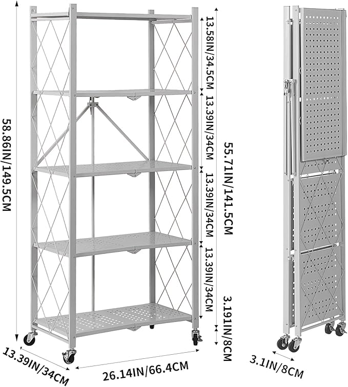 BRIAN & DANY 5-Tier Foldable Storage Shelves with Wheels, Folding Metal Rack Shelving Unit, Heavy Duty No Assembly Organizer Shelf for Garage, Kitchen, Basement, Pantry, Gray