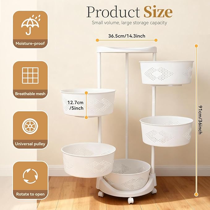 5-Tier Rotating Kitchen Organizer Rack with Wheels, PP Plastic Storage Shelf with Baskets for Countertop, Pantry, Bathroom & Home, Space-Saving Multifunctional Display Stand