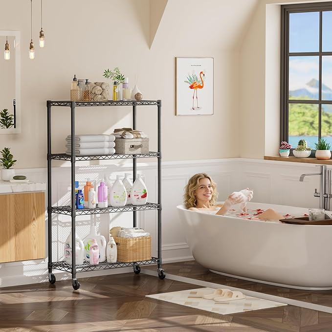 Golpart 4 Tier Shelves Storage Shelf Wire Closet Bathroom Organizers Metal Pantry Kitchen Garage Shelving Unit Laundry Room Organization Home Rack Net Basket Black 14”D X 36”W X 58”H