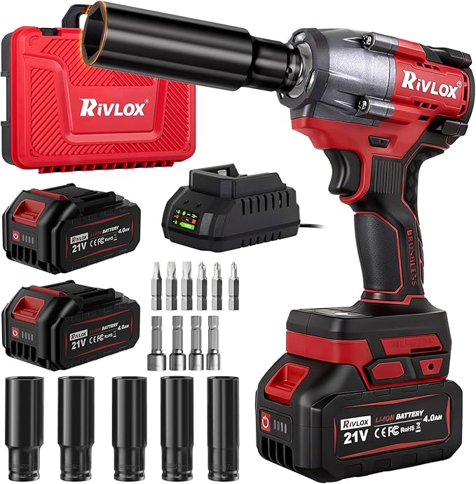 Cordless Impact Wrench1/2 Inch, 600N. M/450Ft-lbs Power Impact Gun Kit, High Torque Electric Impact Driver for Car RV Tire,LED Light,4.0Ah Battery,Car/DIY Furniture/Home,Power tools,Red Toolbox