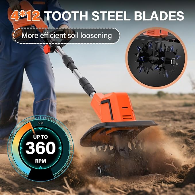 Electric Cordless Tiller Cultivator, Electric Garden Tiller for Lawn/Gardening/Soil Cultivation,360RPM, 9.06-in Width, 48 Steel Tines, (2 * 4.0Ah Batteries, Charger, Safety Gloves,Glasses)