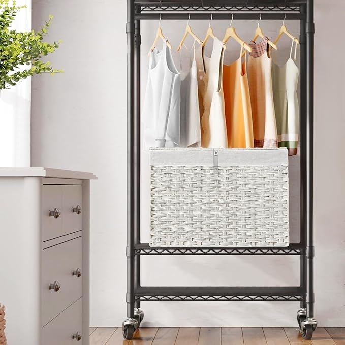 240L Wicker Storage Basket with Lid, Handwoven Rattan Large Shelf Basket with Removable Liner, 63.5 Gallon Wicker Basket for Blanket, Storage Trunk with Handle for Closet, Bedroom, Livingroom, White