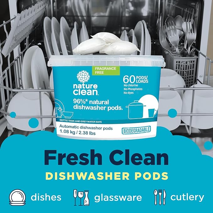 Nature Clean Non Toxic Dishwasher Detergent Pods, Plant-Based Dishwashing Pods, Non-Toxic & Unscented Dish Pods, Tough on Grease, Eco-Friendly Cleaning Power, 60 Count, Pack of 2