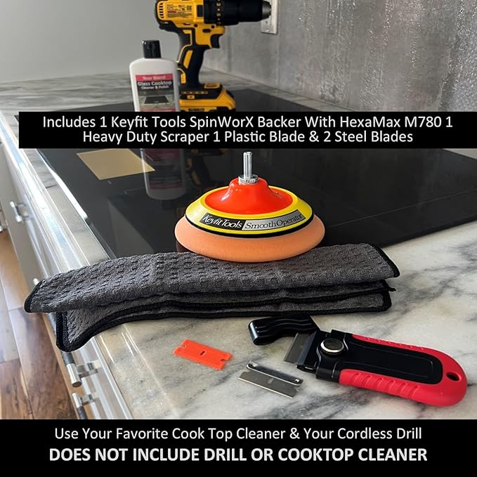 Keyfit Tools SmoothOperator PROFESSIONAL Drill Powered Glass Ceramic Cooktop Cleaner Oven Door Glass Stove Top Polisher ~ HexaMax M780 Proprietary Non Abrasive Cleaning/Polishing Material