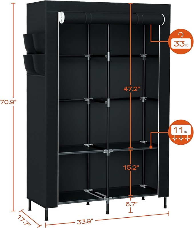 CASAMAYA Portable Closet, 34 Inch Large Capacity Wardrobe Closet with Cover, Clothes Storage Organizer with Shelves and 2 Hanging Rods, Easy to Assembly, Black PCT202B01