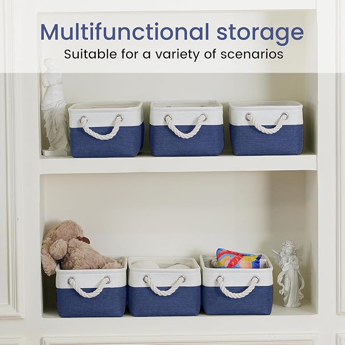 Storage Baskets for Shelves 11.8x7.9x5.2 Inch-Foldable Fabric Organizing Storage Bins with Handles, Closet & Bathroom Organizer, Home Storage for Kitchen, Office (1-Pack, White&Blue)