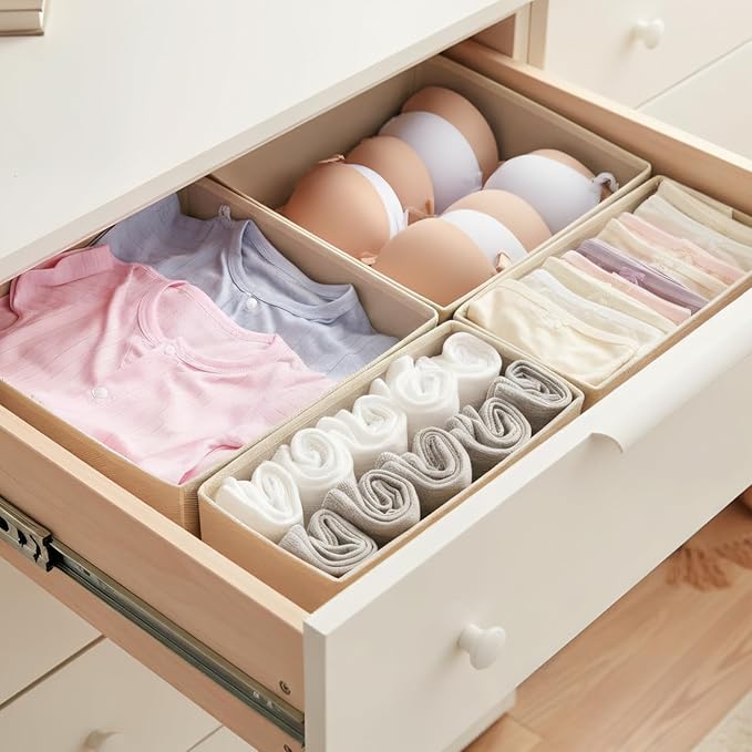 Drawer Organizer for Clothes & Underwear - 4-Pack Fabric Storage Bins with Zipper Bottom | Bra Drawer Organizer & Sock Organizer for Dresser - Foldable Baby Clothes Organizer Set, Grey