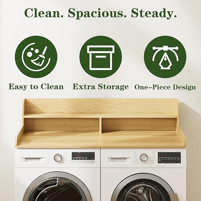 2-Tier Washer Dryer Countertop, Laundry Room Organization and Storage, 27.6" x 54" Wood Laundry Countertop for Washer and Dryer, Natural