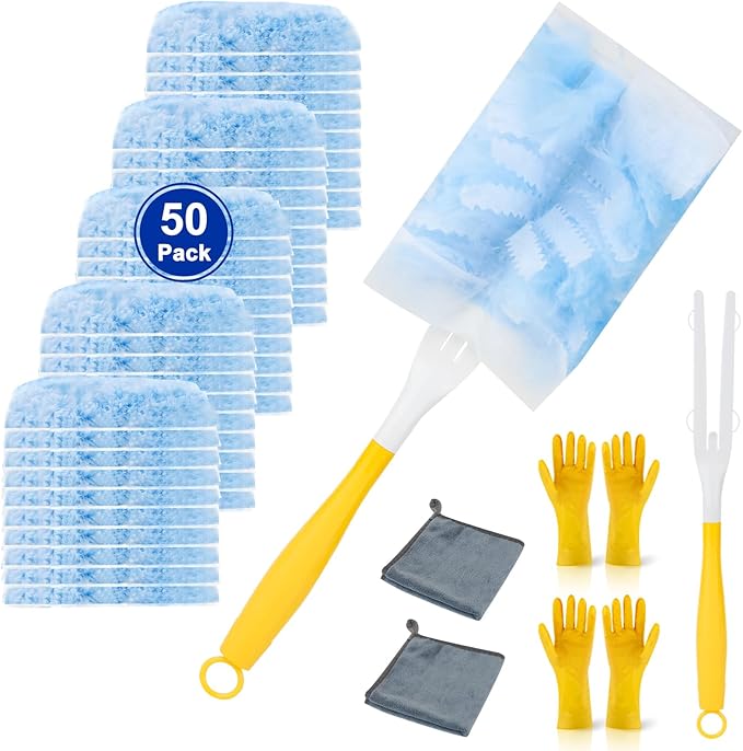 Duster Refill for Cleaning with 2 Handles, Heavy Duty Disposable Duster Kit Unscented Replacement Head Dust Removal Brush for Electronics, Furniture, Blinds, Ceiling Fans, Walls (50pack)