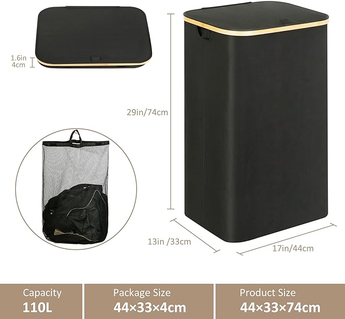 iEGrow Laundry Hamper with Lid, 110L Large Laundry Hamper with Handle and Lid, Collapsible Clothes Basket Organizer with Removable Inner Bag for Clothes Toys Towels - Black